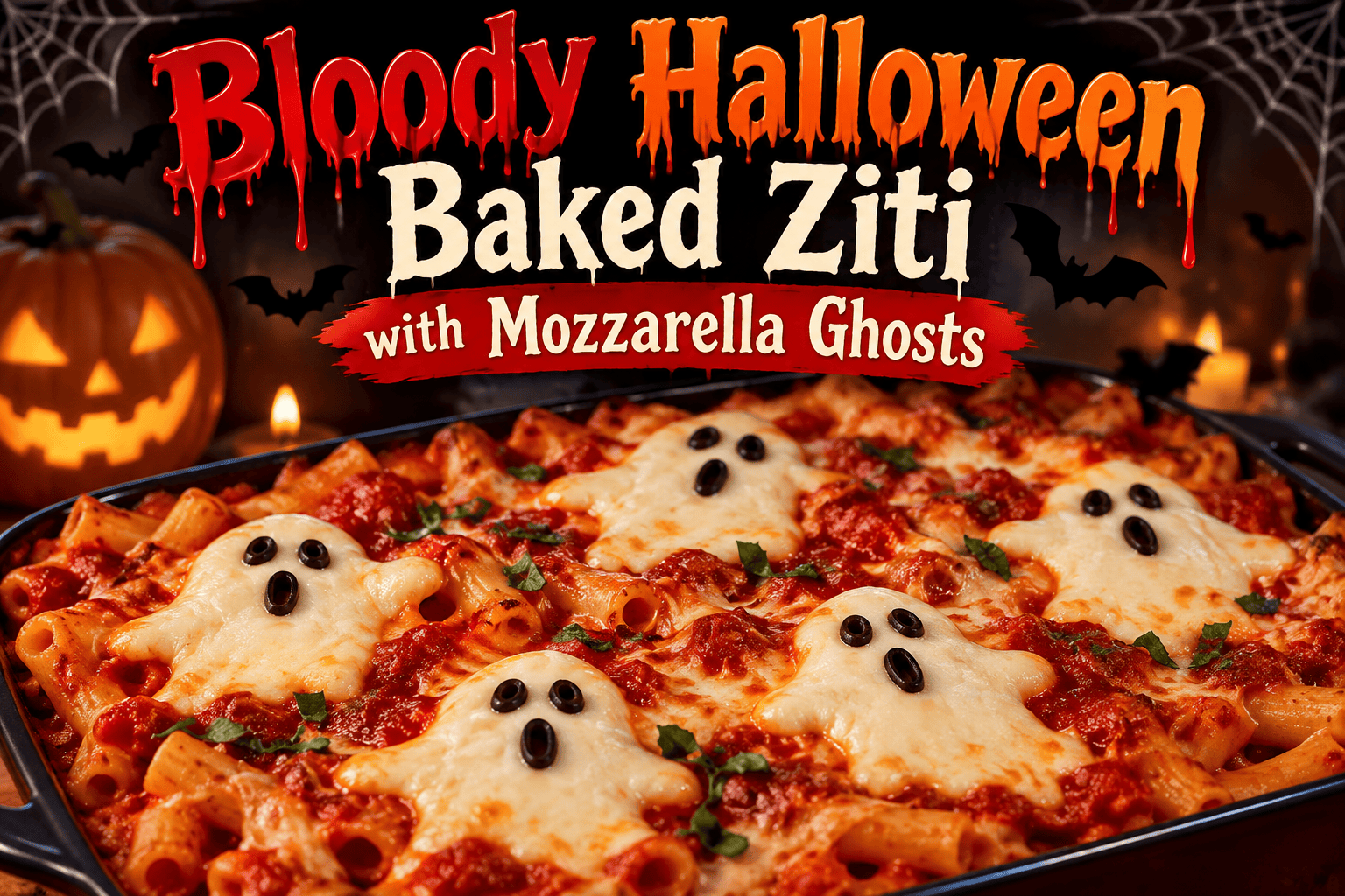 Bloody Halloween Baked Ziti with Mozzarella Ghosts 1 Bloody Halloween Baked Ziti with Mozzarella Ghosts