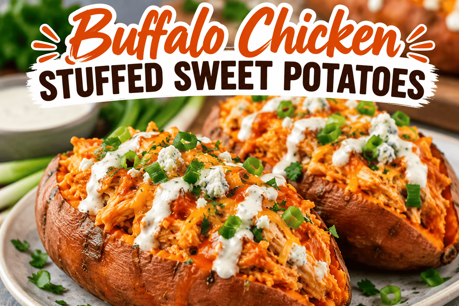 Buffalo Chicken Stuffed Sweet Potatoes