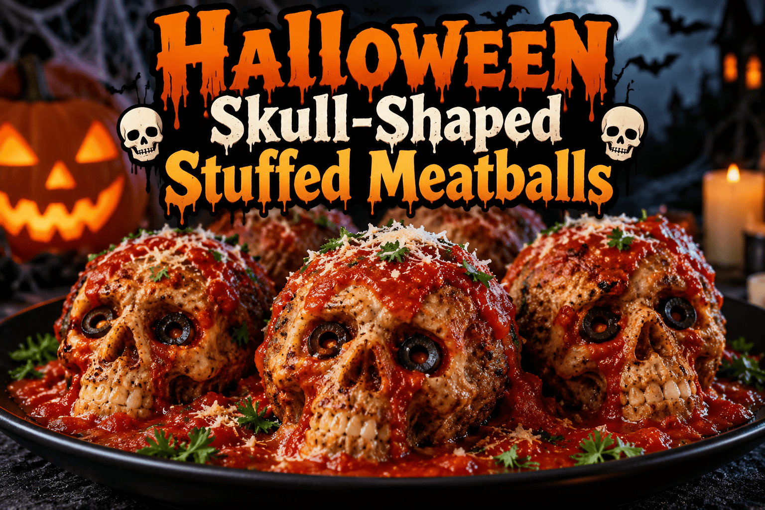 Halloween Skull-Shaped Stuffed Meatballs