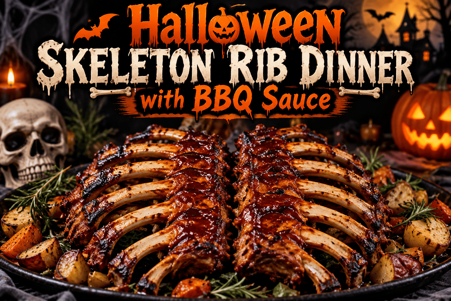 Halloween Skeleton Rib Dinner with BBQ Sauce