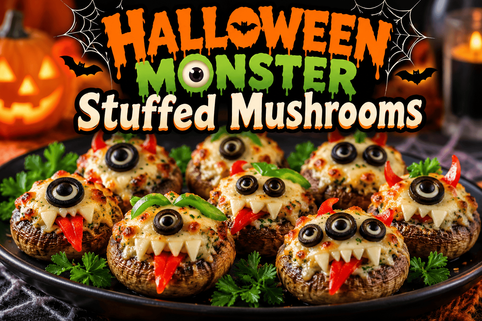 Halloween Monster Stuffed Mushrooms